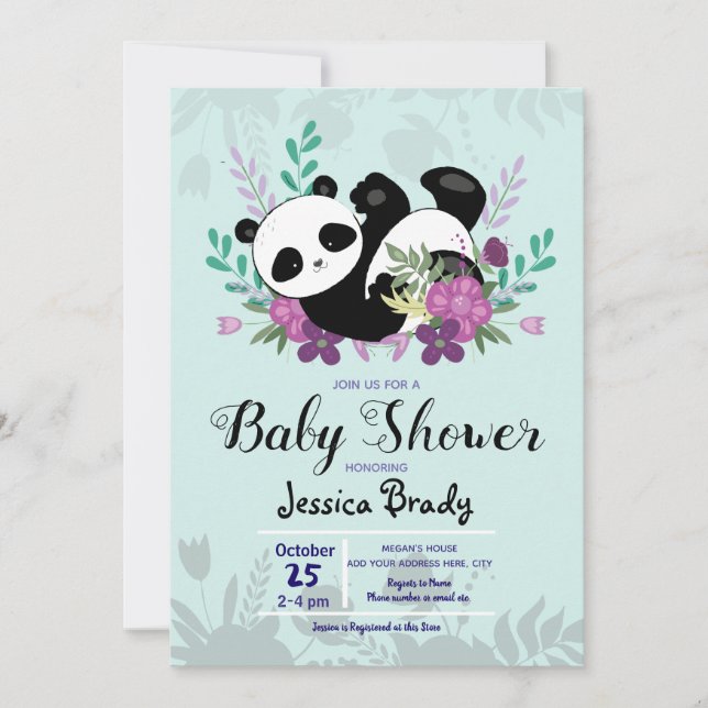 Panda mit Purple Flowers Babydusche Einladung (Vorderseite)
