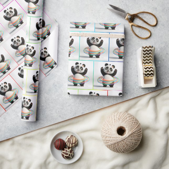Panda mit Rainbow-Hula-Hoops Geschenkpapier (Kunsthandwerk)