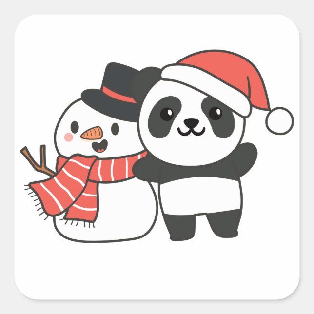 Panda mit Schneemann im Winter für den Weihnachtsp Quadratischer Aufkleber (Vorderseite)