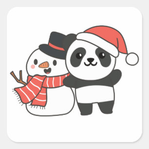 Panda mit Schneemann im Winter für den Weihnachtsp Quadratischer Aufkleber