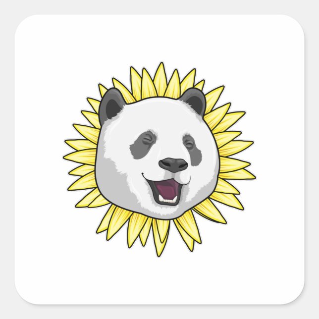Panda mit Sonnenblume Quadratischer Aufkleber (Vorderseite)