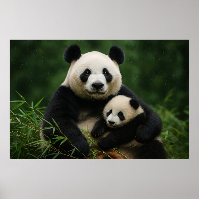 Panda-Mutter & Jungtier im sanften Regen Poster (Vorne)
