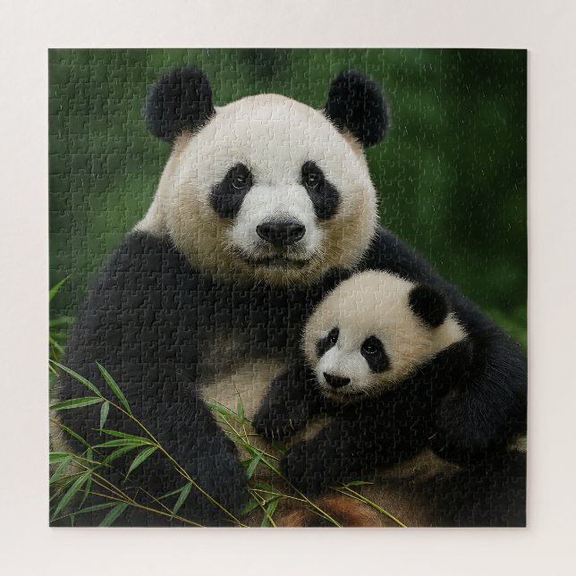 Panda-Mutter & Jungtier im sanften Regen Puzzle (Vertikal)
