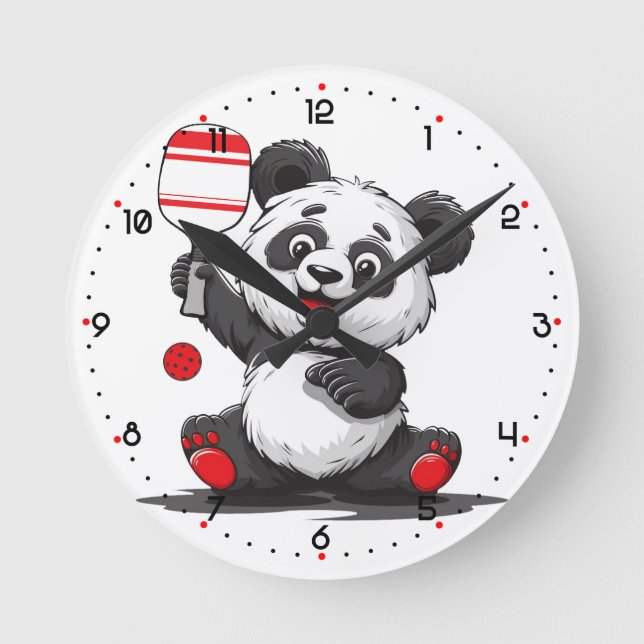 Panda Paddle Time Pickleball  Runde Wanduhr (Vorderseite)
