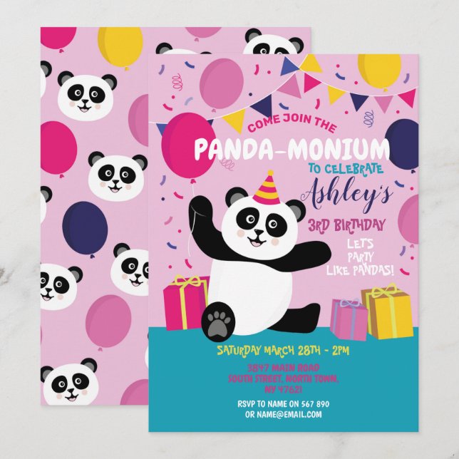 Panda Party Geburtstag Panda-monium Pink Einladung (Vorne/Hinten)