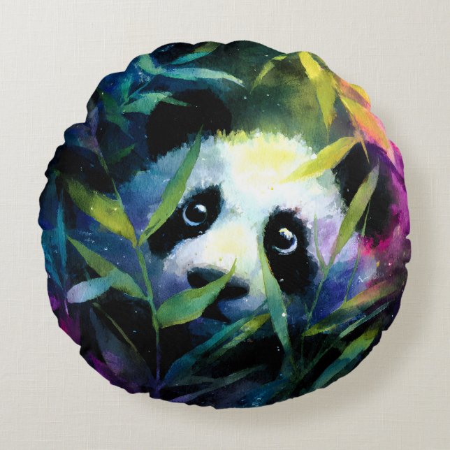 Panda Peeking Bamboo Watercolor Rundes Kissen (Vorderseite)