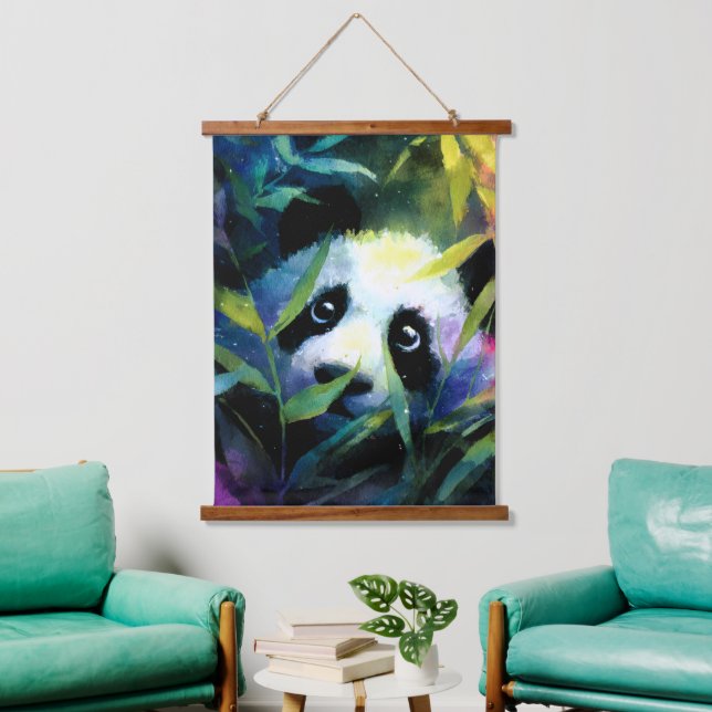 Panda Peeking Bamboo Watercolor Wandteppich Mit Holzrahmen (Wohnzimmer)