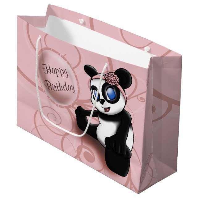 Panda Pink Birthday Große Geschenktüte (Vorderseite Schrägansicht)