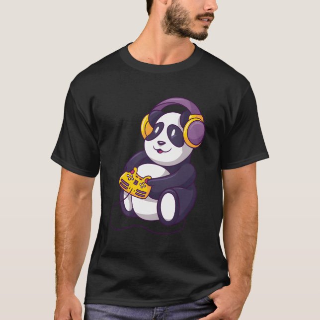 Panda Playing Videospiele mit Kopfhörern T-Shirt (Vorderseite)