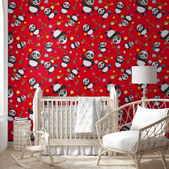 Panda polka dot kids muster red background tapete (Kinder)