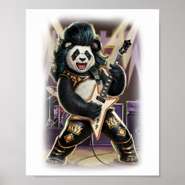 Panda Rocker has Fun playing Hard Rock on a White Poster (Vorne)