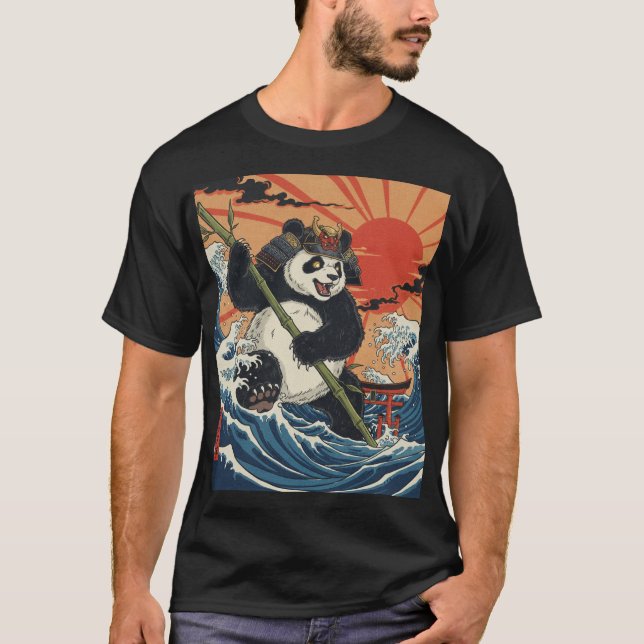 Panda Samurai Rising Amid Ukiyo Waves T-Shirt (Vorderseite)