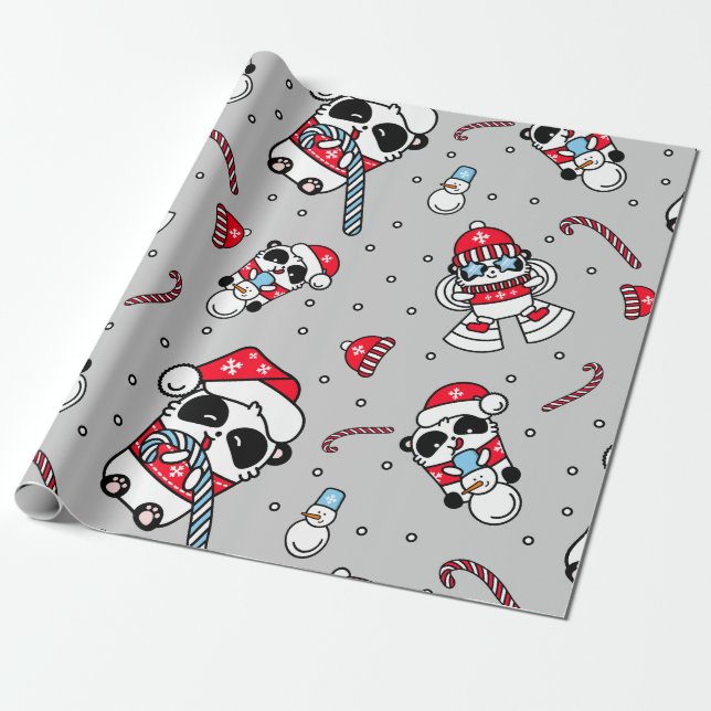 Panda Santa Bears mit Schneeflocken Geschenkpapier (Ungerollt)