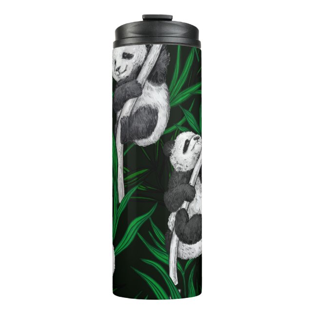 Panda-Sträucher auf dunkelgrüner Ebene Thermosbecher (Vorderseite)