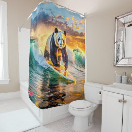 Panda Surfen bei Sonnenuntergang Design von Rich A Duschvorhang