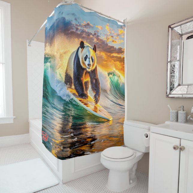Panda Surfen bei Sonnenuntergang Design von Rich A Duschvorhang (Beispiel)