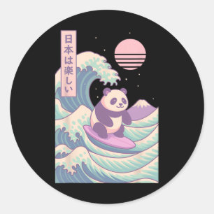 Panda surft auf japanischer Welle Japan Runder Aufkleber