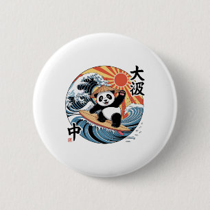 Panda surft auf japanischer Welle Retro Asiatische Button
