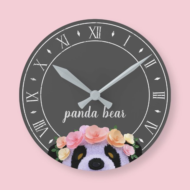 Panda Theme Rustikal Schwarz-Weiß Runde Wanduhr (A cute panda bear clock with space for your name)
