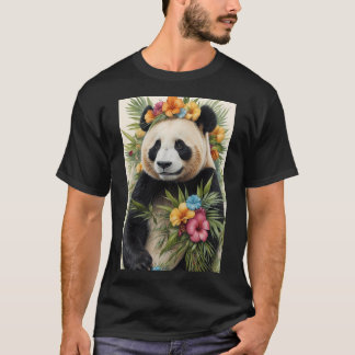 Panda Tierkunst mit tropischer Blumenkrone und Le T-Shirt