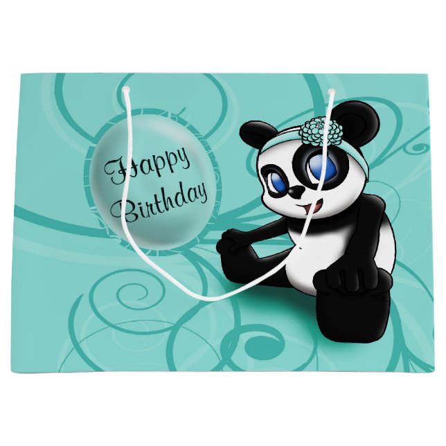 Panda Turquoise Birthday Große Geschenktüte (Vorderseite)