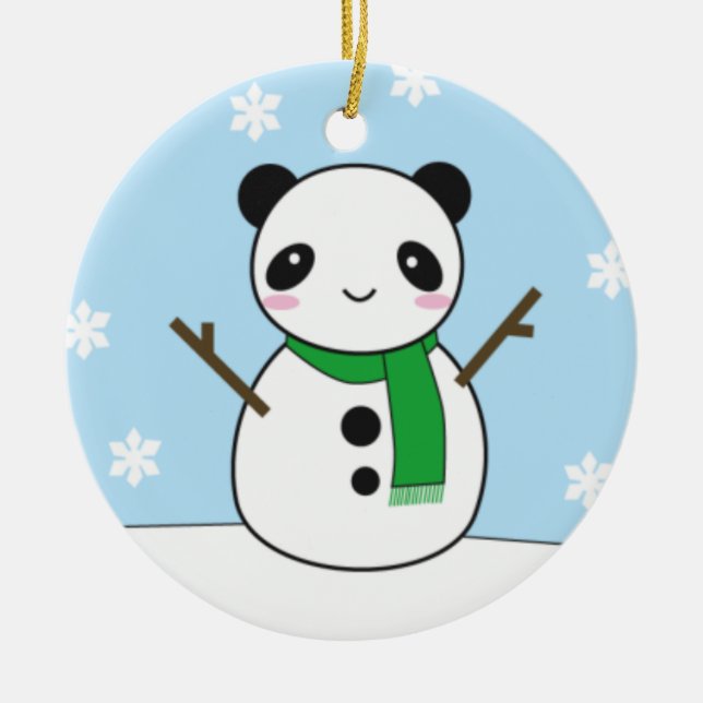 Panda-und Häschen-Schneemänner Keramik Ornament (Vorne)