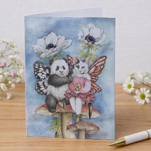 Panda und Katzenfee Freunde mit Anemonenblumen Karte