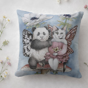 Panda und Katzenfee Freunde mit Anemonenblumen Kissen
