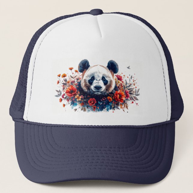 Panda unter Blumen Truckerkappe (Vorderseite)