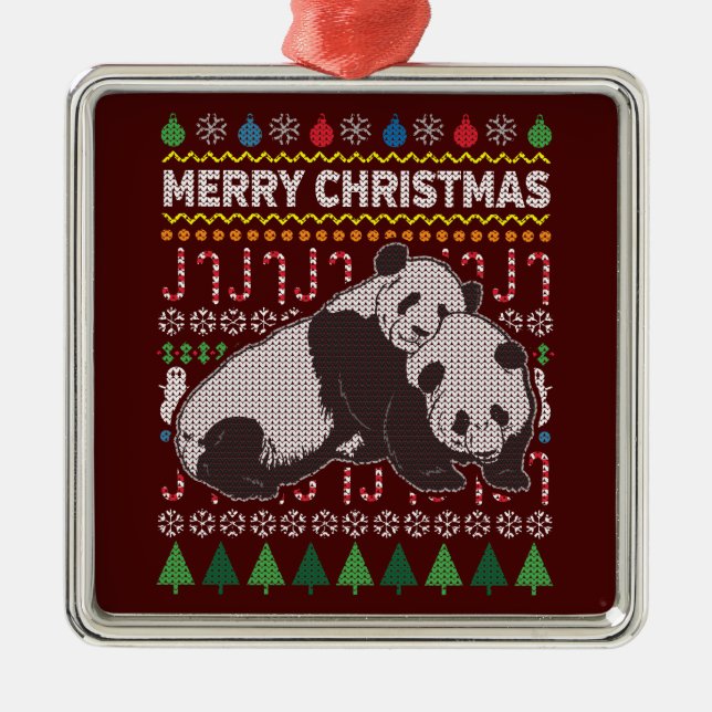 Pandas Ugly Christmas Sweater Wildlife Series Silbernes Ornament (Vorne)