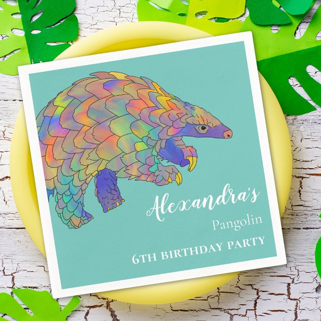 Pangolin Colorful Birthday Party Serviette (Cute pangolin colorful personalized 6th birthday party paper napkins)