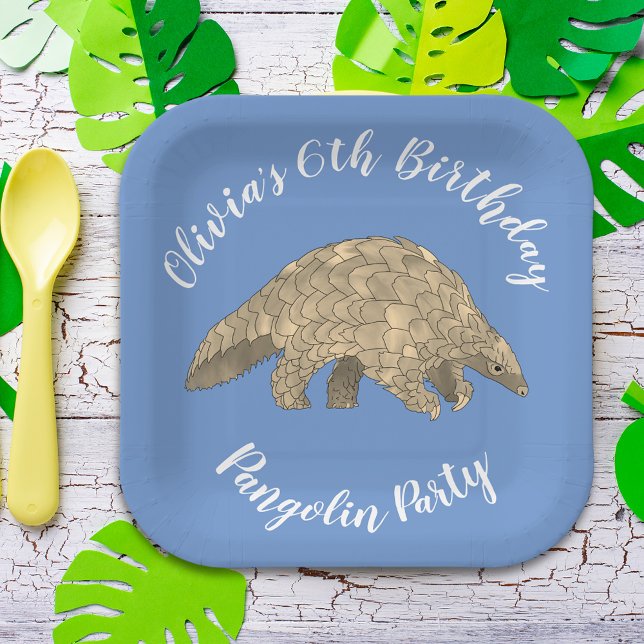 Pangolin Party Kinder 6. Geburtstag Blauer Name Pappteller (Cute pangolin 6th birthday party custom blue paper plate)