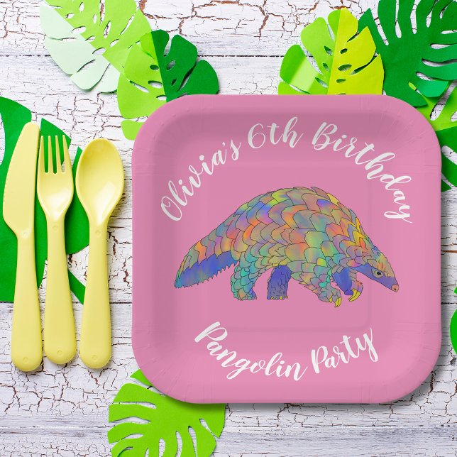 Pangolin-Party Rosa Pappteller (Cute pangolin 6th birthday party personalized name pink paper plate)