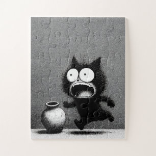 Panicked Cat & Vase - Monochrome Cartoon Puzzle