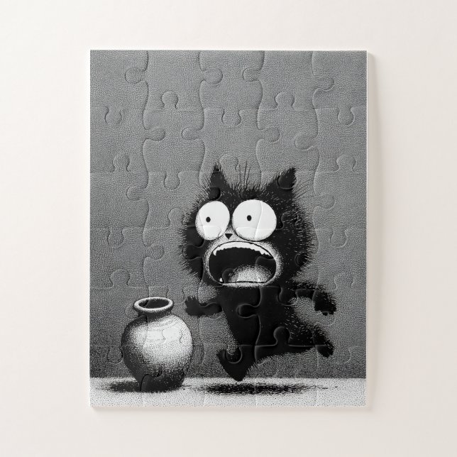 Panicked Cat & Vase - Monochrome Cartoon Puzzle (Vertikal)