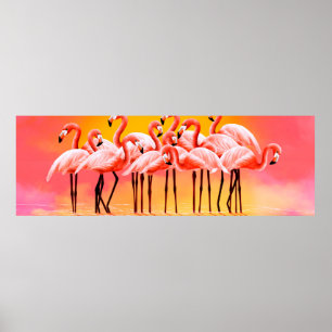 Panorama der rosa Flamingos auf einem hellrosa Hin Poster