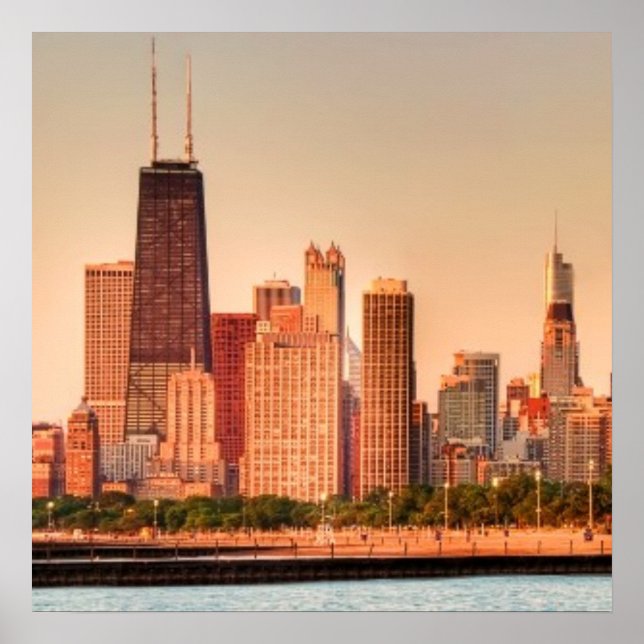 Panorama der Skyline von Chicago bei Sonnenaufgang Poster (Vorne)