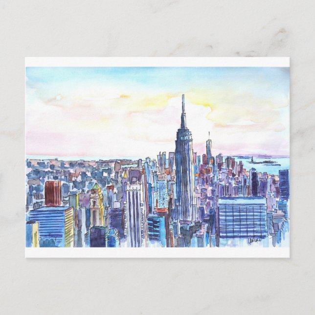 Panorama der Skyline von Manhattan in Aquarellen Postkarte (Vorderseite)