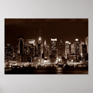 Panorama Sepia Brown New York City Night Arwork Poster