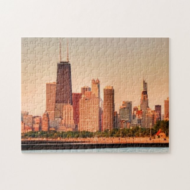 Panorama von Chicago-Skylinen am Sonnenaufgang Puzzle (Horizontal)
