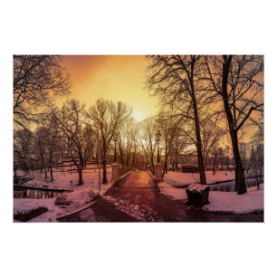 Panoramablick auf den verschneiten Park bei Sonnen Poster