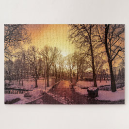 Panoramablick auf den verschneiten Park bei Sonnen Puzzle