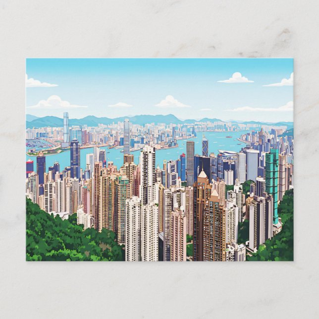 Panoramablick auf die Skyline von Hongkong auf ein Postkarte (Vorderseite)