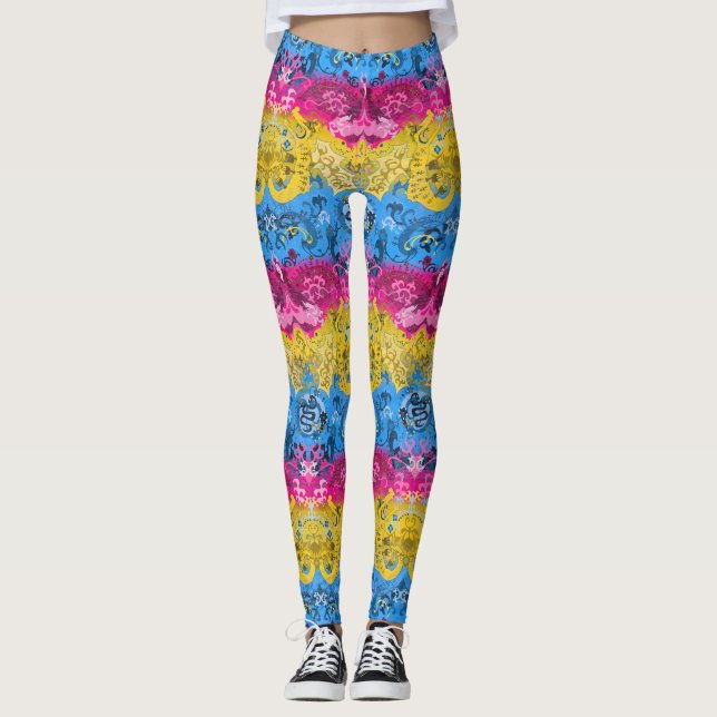 Pansexual Dragon Damask - Farben der Flagge Leggings (Vorderseite)