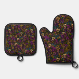 Pansies [gold] Oven Mitt and Pot Holders Ofenhandschuh & Topflappen-Set