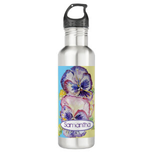 Pansy-Aquarellmuster auf Rosa und Blassgelb 7 Edelstahlflasche