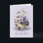 Pansy Birthday für Friend Karte<br><div class="desc">Pansy Bouquet in einem Korb auf Augenliduntergrund für Friend Geburtstag.</div>