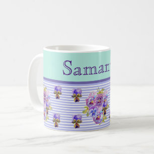 Pansy Blume Aqua Stripe Kunst, Dichtung und Musik Kaffeetasse