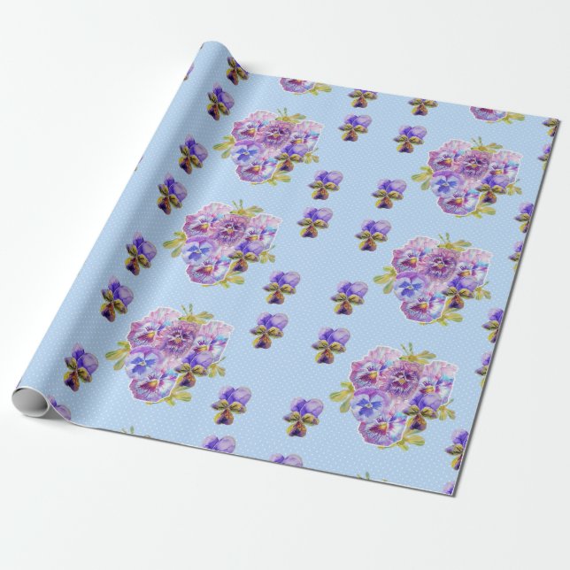 Pansy Blume Blumenbeete Shabby Chic Blau Wrapping Geschenkpapier (Ungerollt)