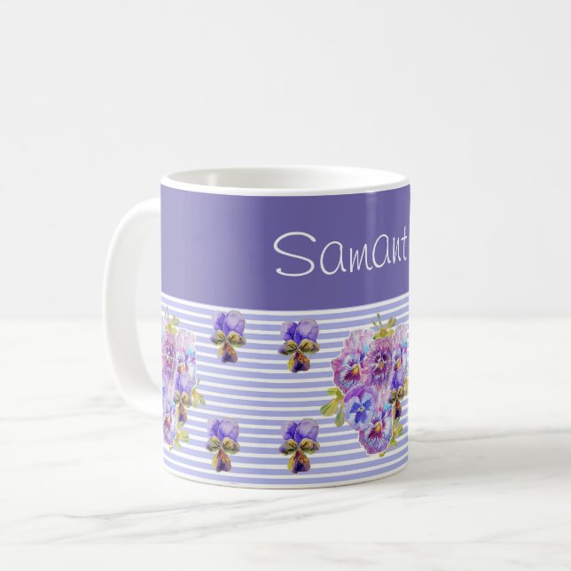 Pansy Blume Lila Stripe Blüte individuell anpassba Kaffeetasse (Vorderseite Links)